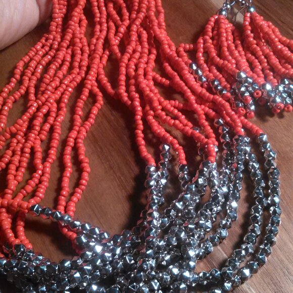 Red Seed Bead and Stainless Steel Multi-Strand Necklace and Dangle Earrings Set - Picture 7 of 11